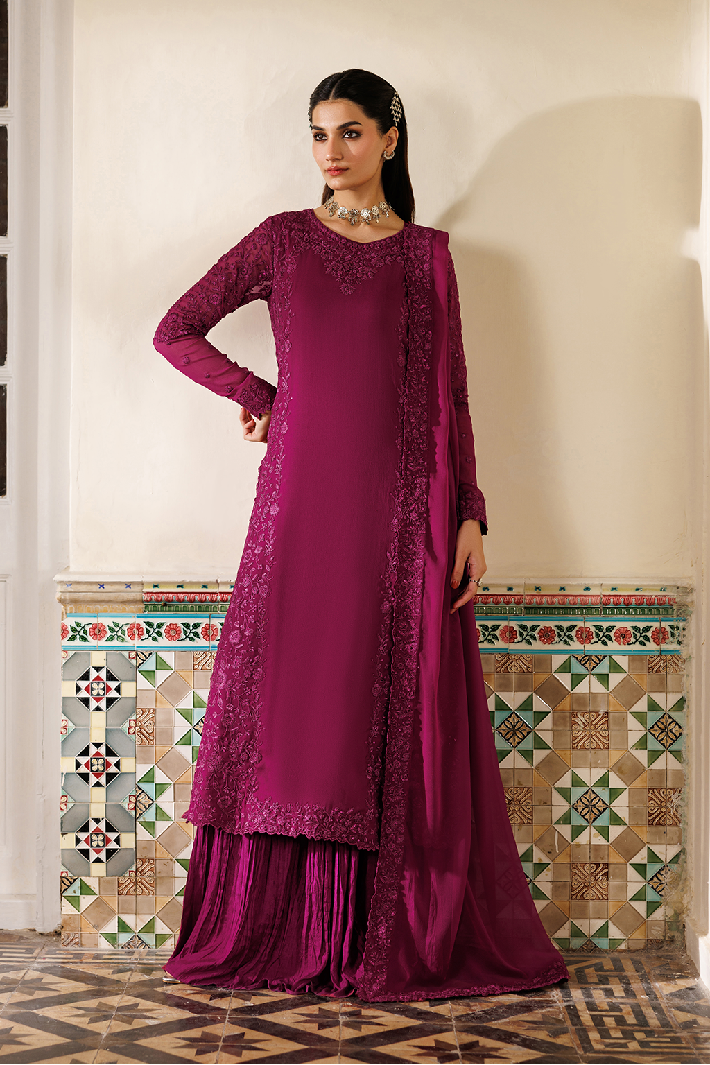 Magenta Pink Embroidered Luxury Chiffon Dress