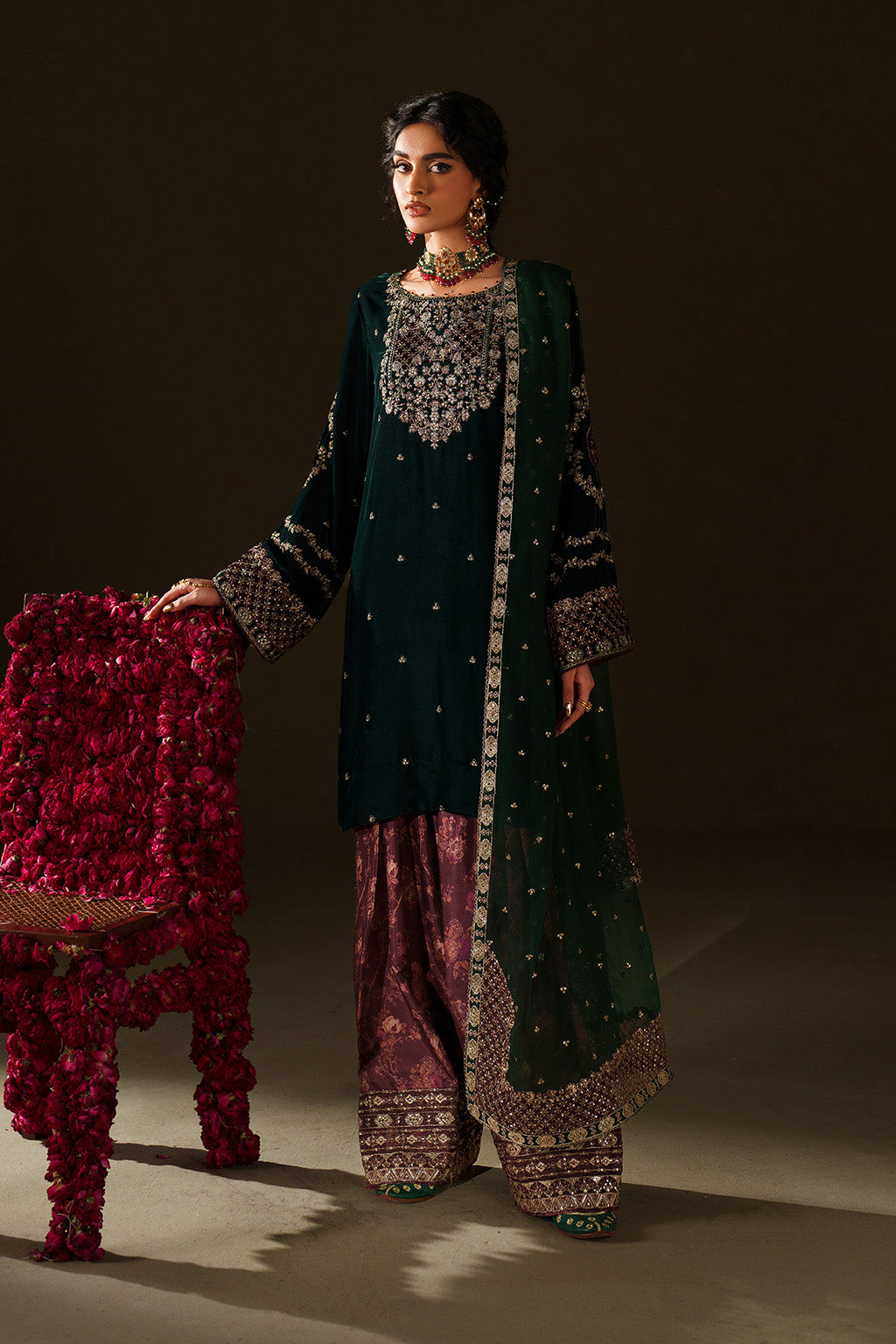 Bottle green Embroidered Velvet Dress | Iznik Fashions