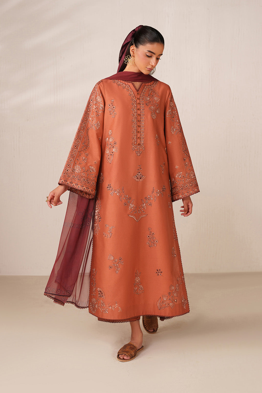 Rust Embroidered Lawn dress | Iznik | Ramadan Edits  Iznik Global