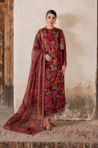Embroidered maroon luxury chiffon dress with floral and butterfly motifs, gold embellishments, and matching dupatta for women
