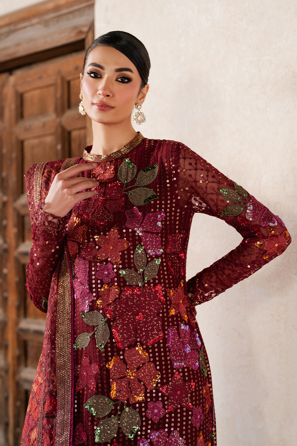 Back view of embroidered maroon chiffon dress with sheer neckline, floral motifs, and intricate embroidery details
