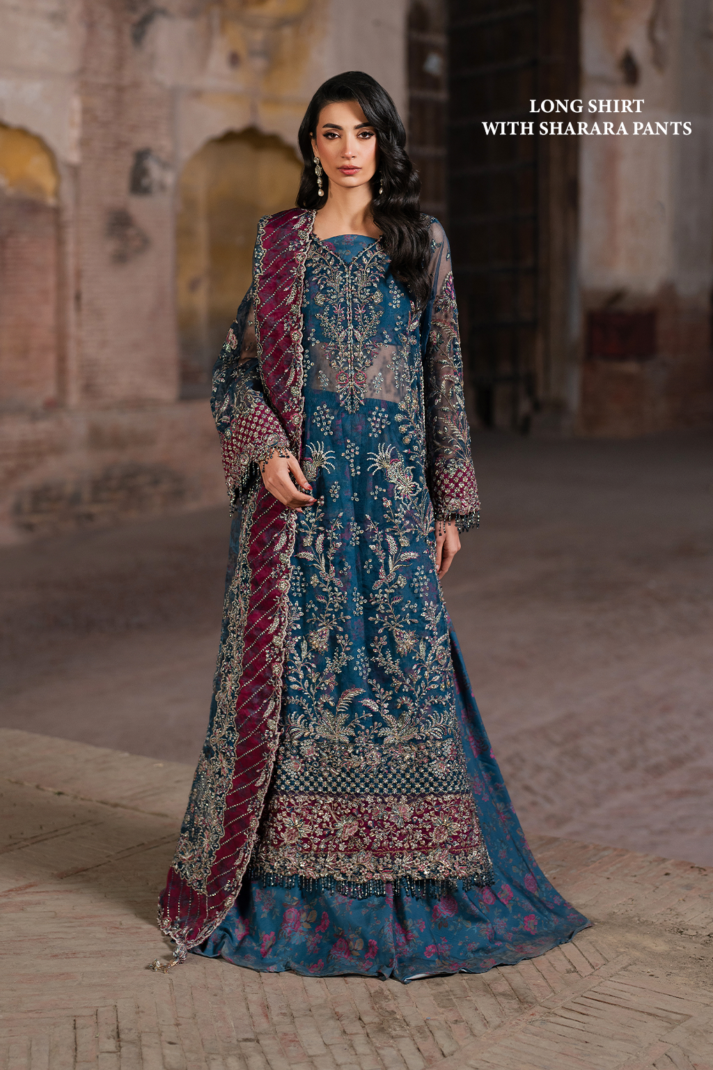 ILC-03 Embroidered Organza (Long Shirt With Printed Sharara)