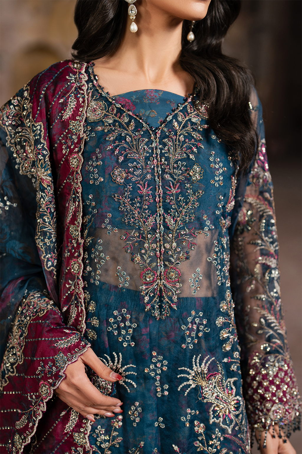 ILC-03 Embroidered Organza (Long Shirt With Printed Sharara)
