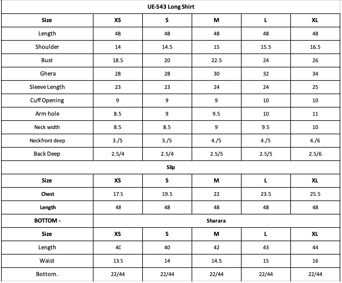 UE-543  Printed Formals Size Chart