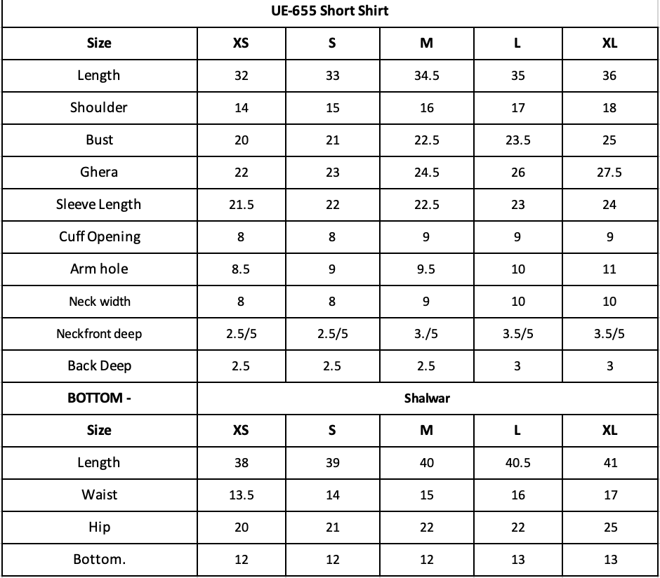 UE-655 Ramen Silk Size Chart