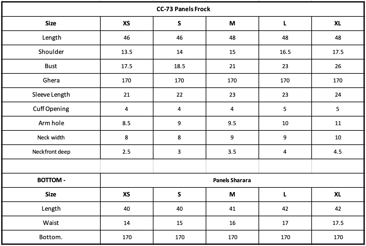 CC-73 Embroidered Net Size Chart
