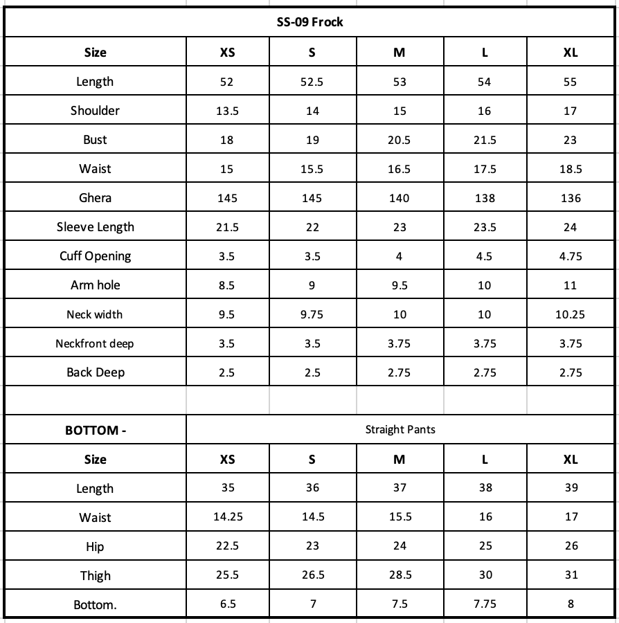 SS-09 Embroidered Lawn Size Chart