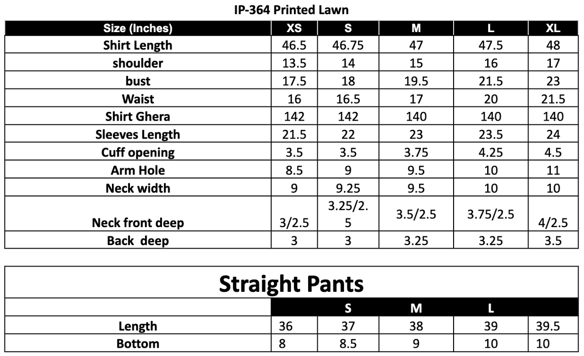 IP-364 Printed Lawn Size Chart