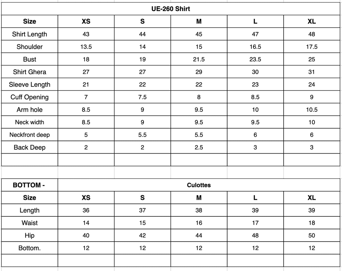 UE-260 Embroidered Lawn Size Chart
