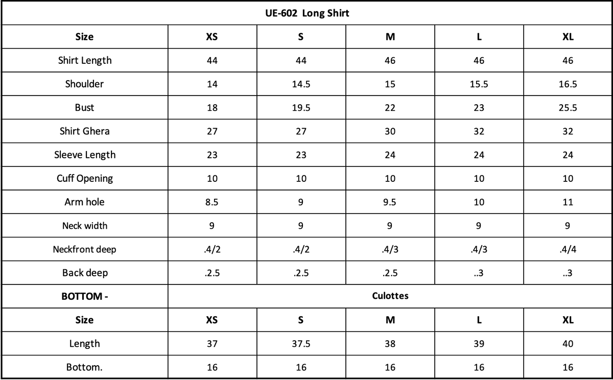 UE-602 Embroidered Lawn Size Chart