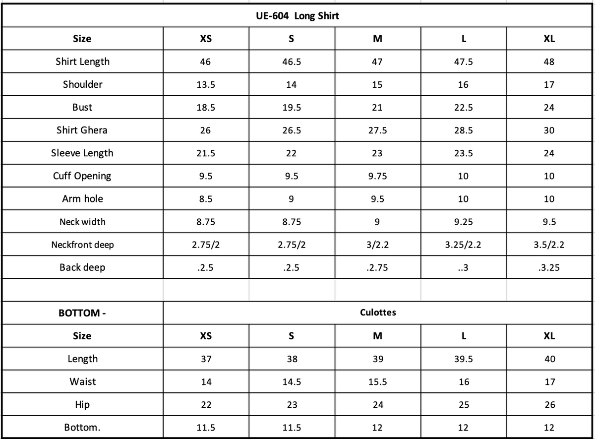 UE-604 Embroidered Lawn Size Chart