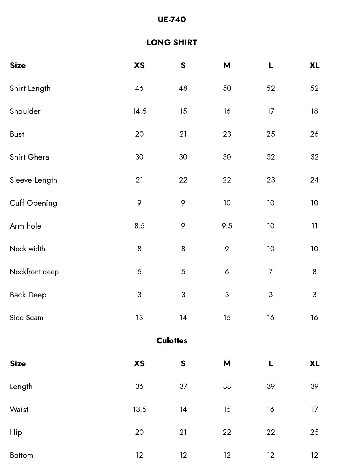 UE-740 Embroidered Viscose Jacquard Size Chart