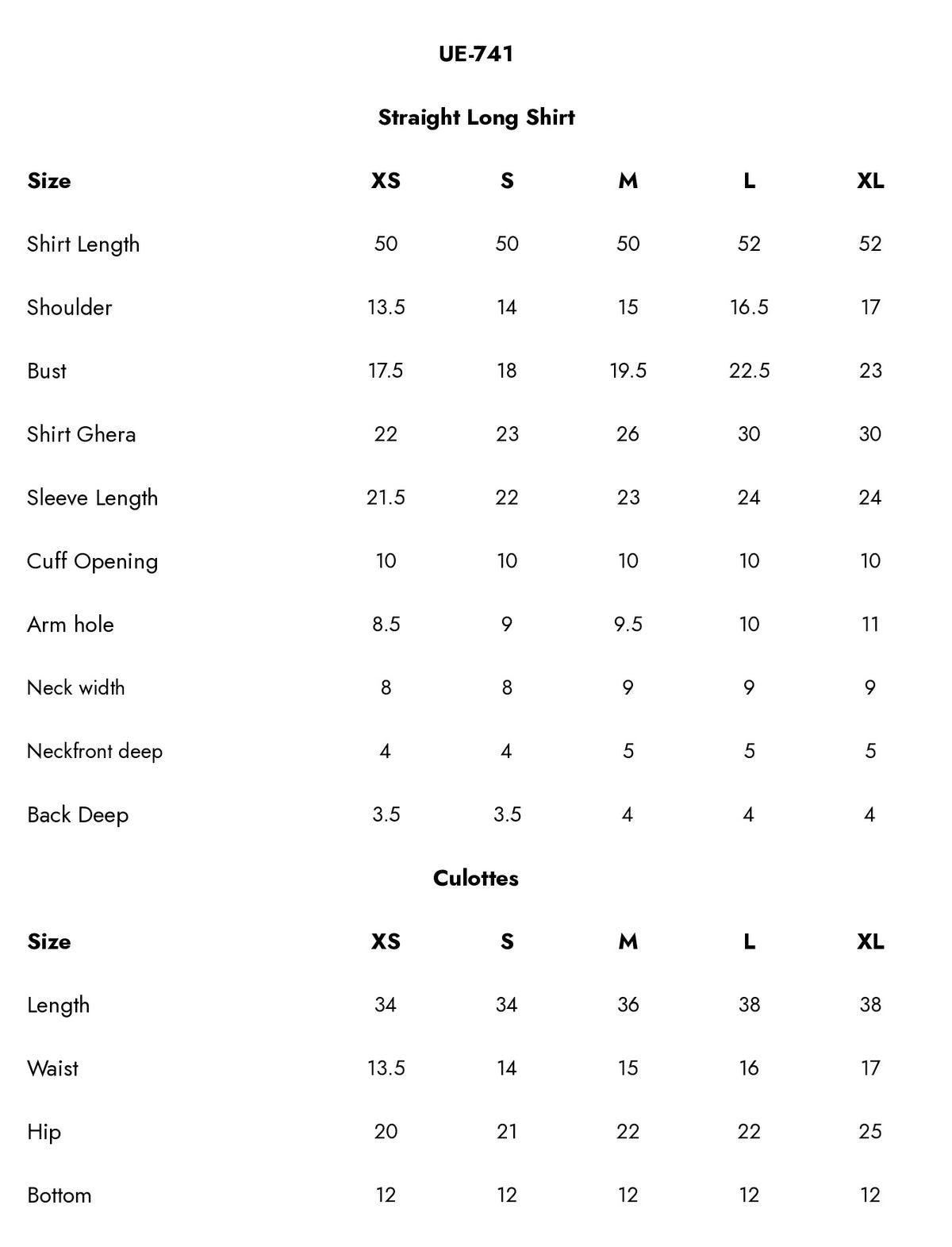 UE-741 Dyed Viscose Jacquard Size Chart