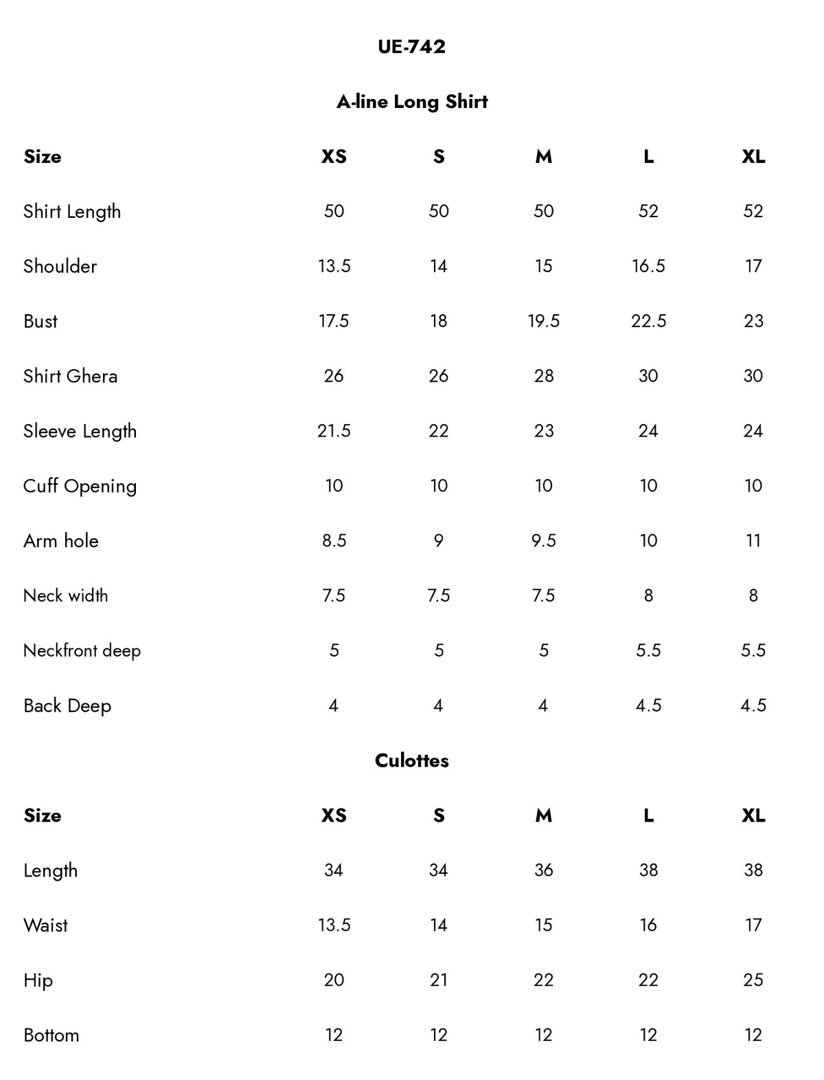 UE-742 Embroidered  Viscose Jacquard Size Chart