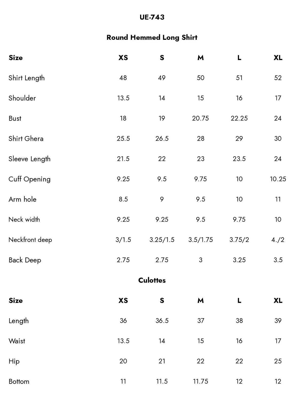 UE-743 Embroidered  Viscose Jacquard Size Chart