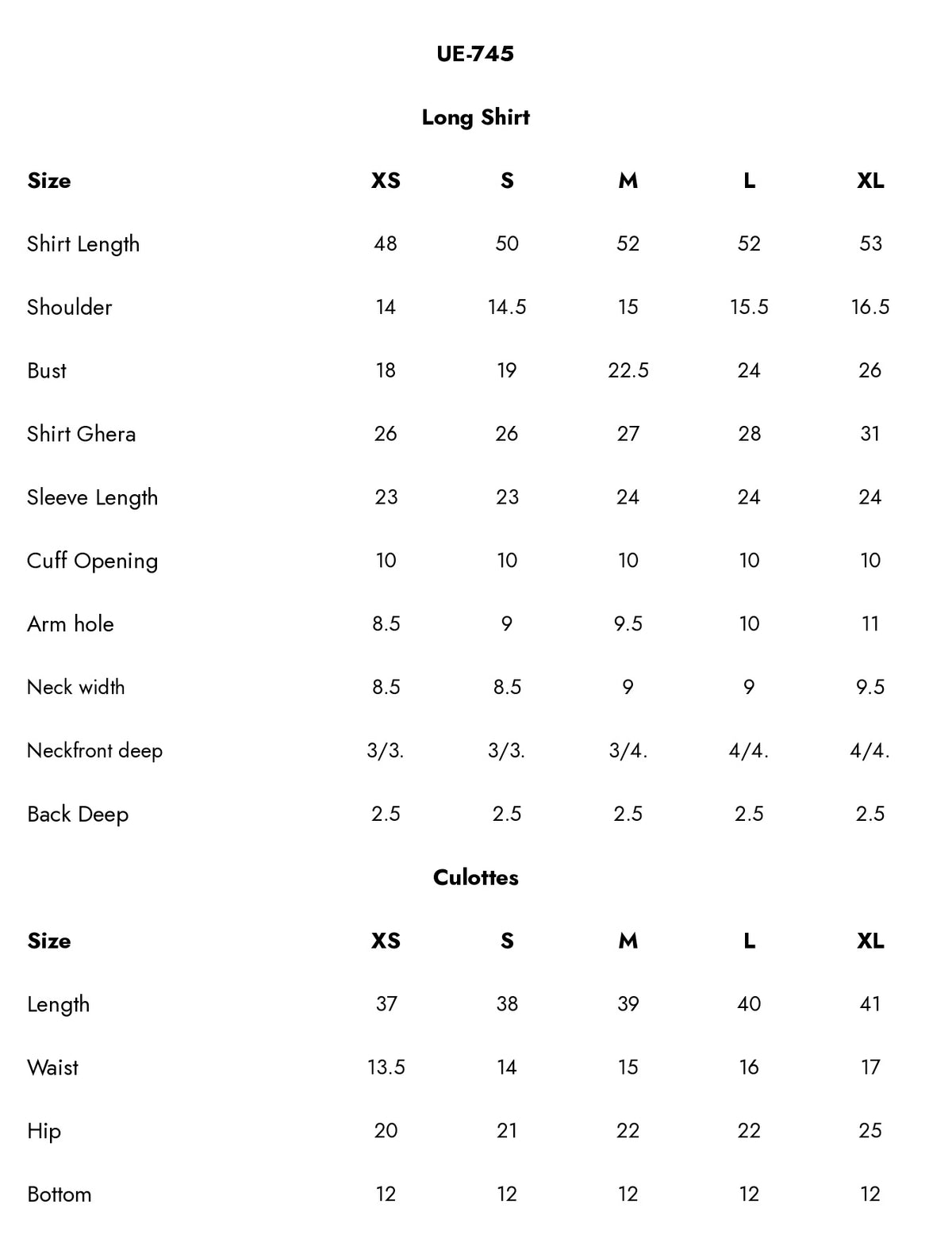 UE-745 Embroidered  Viscose Jacquard Size Chart