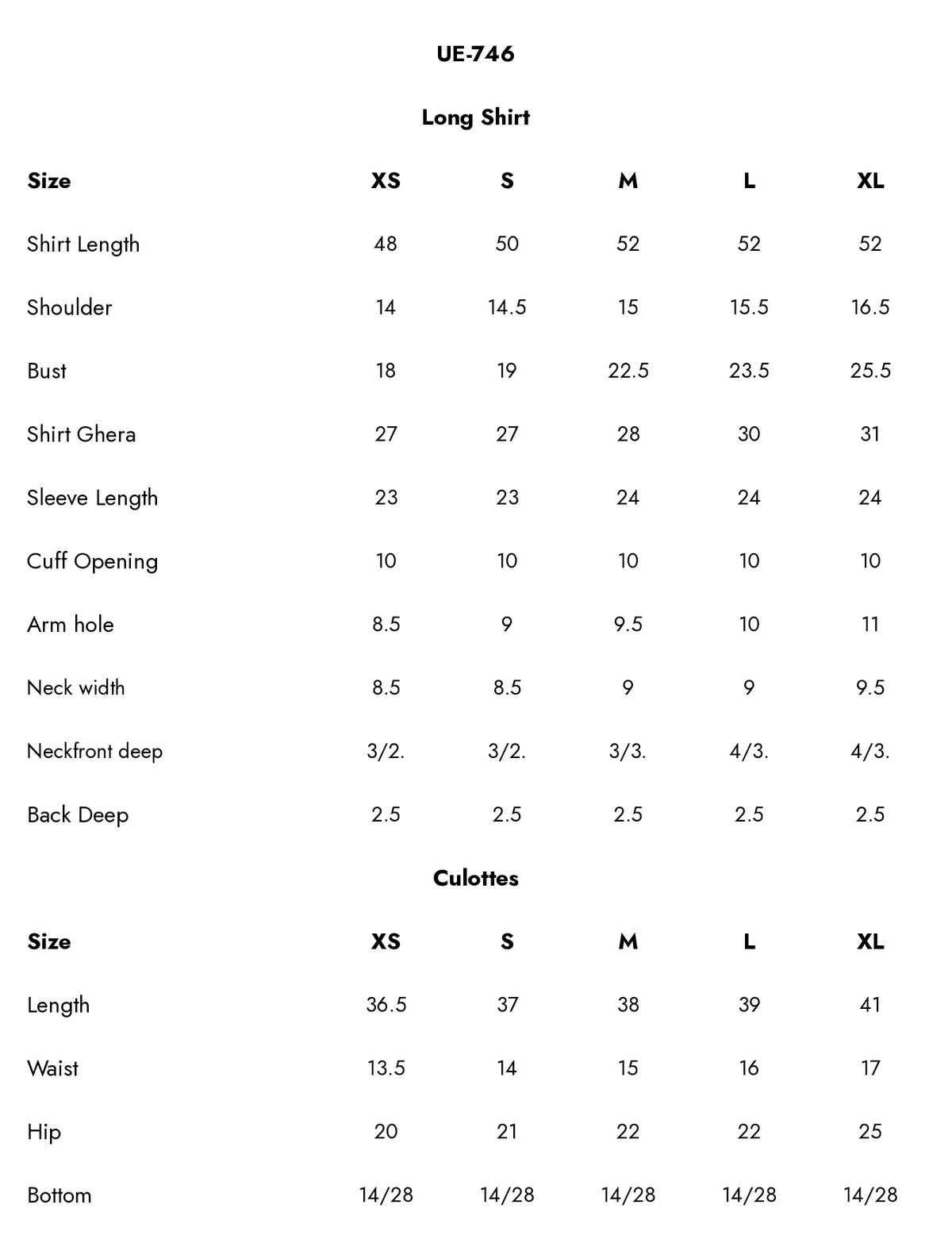 UE-746 Embroidered  Viscose Jacquard Size Chart