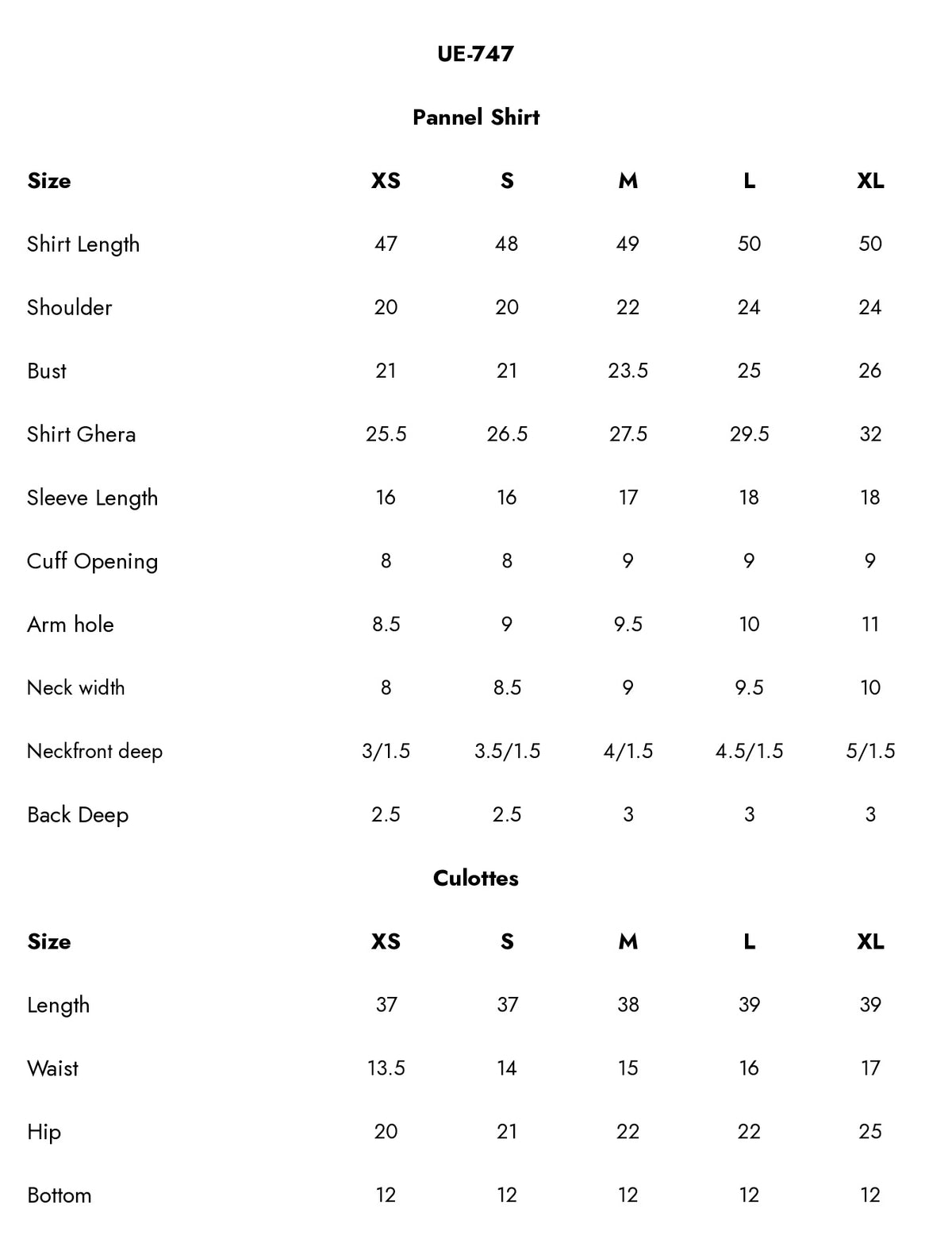 UE-747 Embroidered  Viscose Jacquard Size Chart