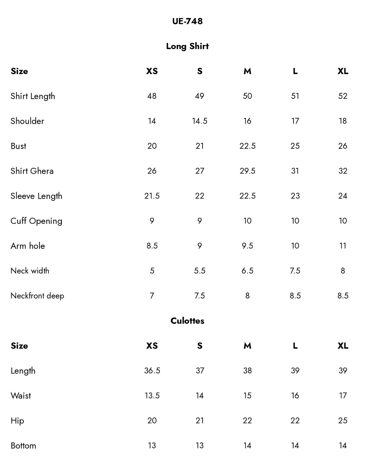 UE-748 Embroidered  Viscose Jacquard Size Chart