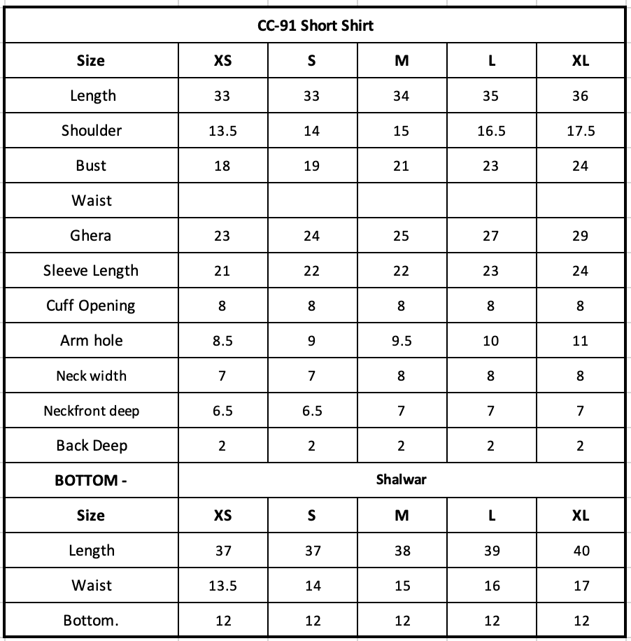 CC-91 Plain Chiffon Size Chart